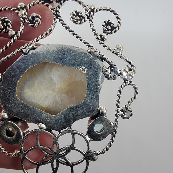 Druzy Agate Pendant – With Blue Topaz Accents + 20" Silver Snake Chain - Picture 7 of 10